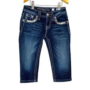 MISS ME Girls Capri Jeans Embellished Floral Sequin JK7115P2 Big Girl Size 7